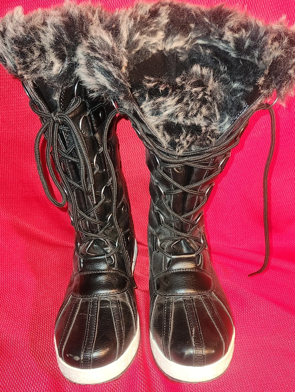 JustFab Black Faux-Fur Lace-Up Winter Boots with White Sole